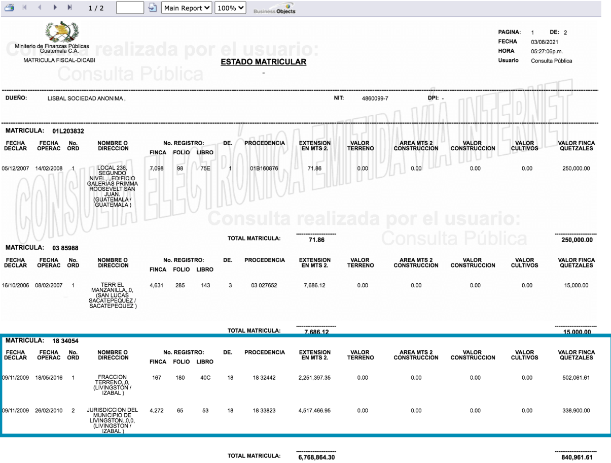  Lisbal tiene dos propiedades en Livingston, Izabal. Fuente: Dicabi. 